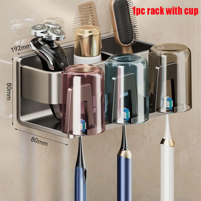 Aluminum Toothbrush Rack Punch-Free Wall-Mounted Toothbrush Cup Holder Bathroom Multifunctional Toothpaste Razor Shelf Organizer