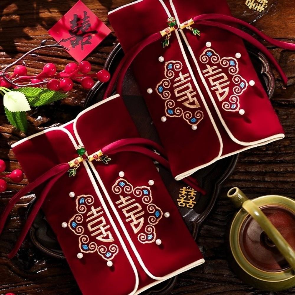 Embroidery Design Red Envelope Velvet Cloth Wedding Envelope Best Wishes Envelope  Anniversary