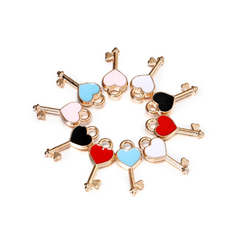 10Pcs/Bag Alloy Love Heart Small Key Lock Shape Charms Enamel Pendant For DIY Bracelet Necklace Jewelry Making Accessories