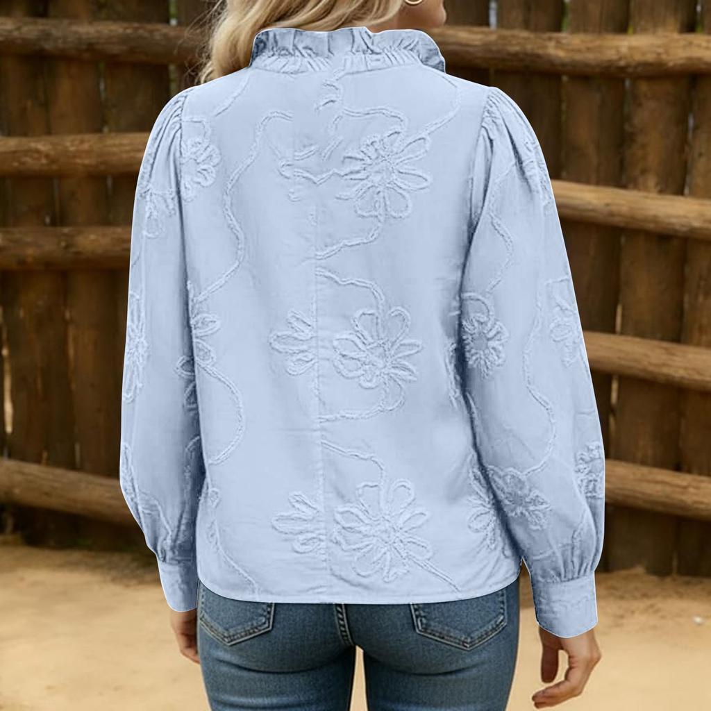 Long Sleeve Button Down Shirt for Women with Floral Embroidery Loose Fit Blouse Casual Collar Top for Daily Wear
