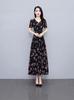 Elegant Summer Floral Print Dress: Knee-Length, Loose Fit, Slimming Waist, Short-Sleeved, Large Hem.