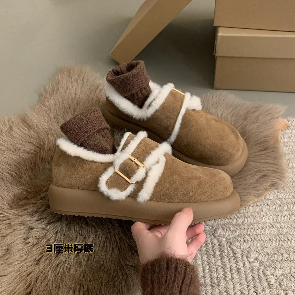 Thick-soled ugly cute big-headed shoes, women's velvet foreign-style retro one-pedal cotton shoes, fluffy shoes, women's winter wear loafers