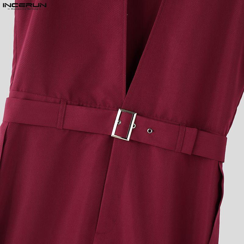 INCERUN Men Summer Deep V Neck Belt Waist Long Wide Legs Jumpsuits Overalls