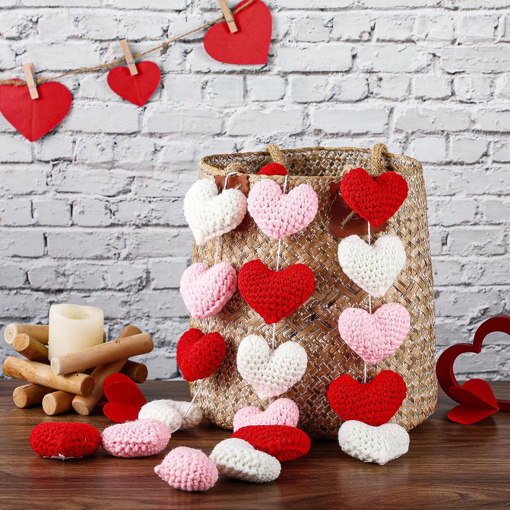 12 Pezzi Ornamento ad Uncinetto a Forma di Cuore Albero Fatto a Mano Rosso Rosa Bianco Riempitivo per Vaso Ciotola San Valentino Regalo di San Valentino per Decorazioni Feste in Casa