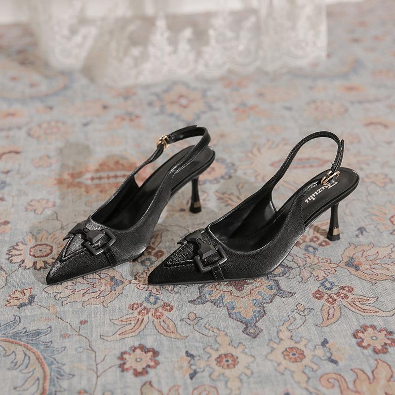 

Baotou empty sandals women s thin heels summer new French pointed tip not tired feet simple commuting versatile high heels 34