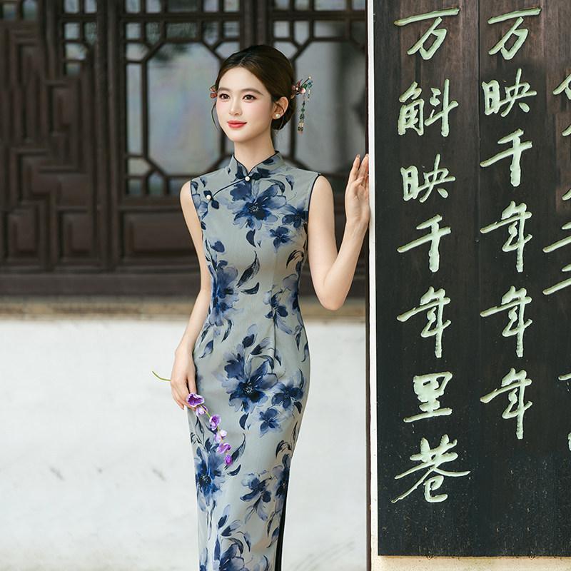 Blue sleeveless national style new Chinese daily Suzhou long cheongsam improved young 1011 new women's high sense