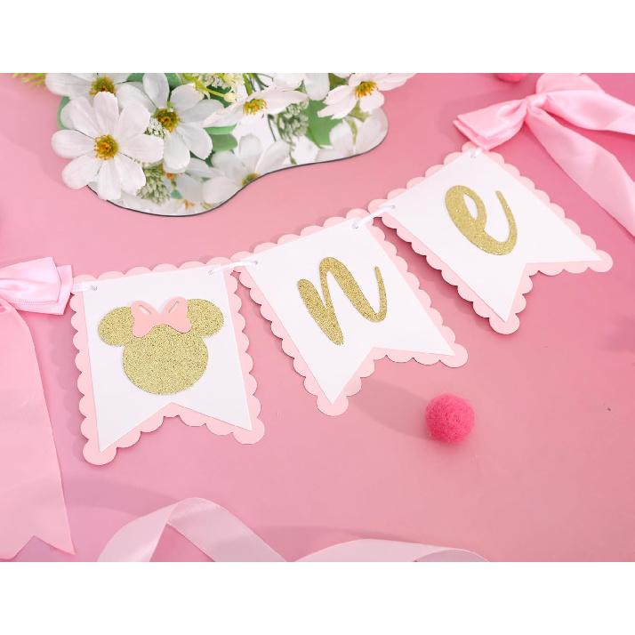 Mouse One High Chair Banner - Mouse First/1st Birthday Decorations,Pink And Gold Banner, Bow Girl 1st Pink Decor (mouse-1)