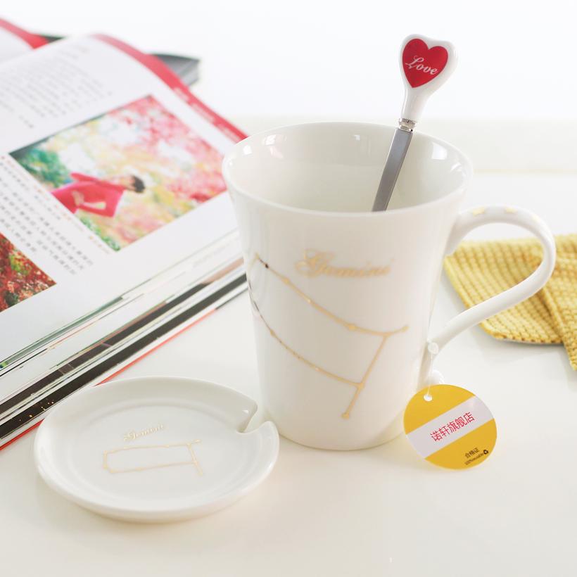 Tierkreiszeichen Keramiktassen-Set: Stilvolle Sternbild-Tasse für Zuhause, Paare, Kaffee und Tee, komplett mit Deckel und Löffel.