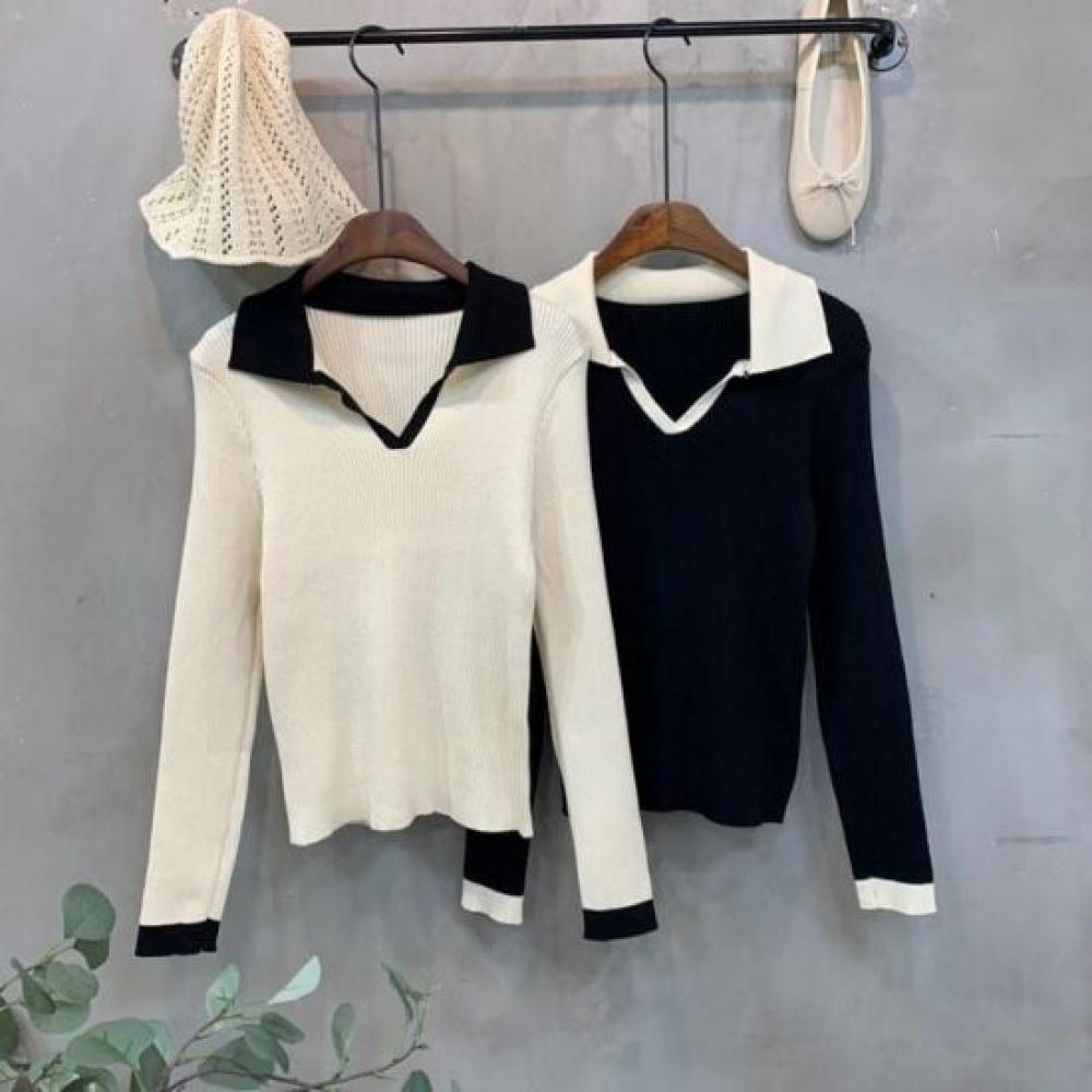 C S In The Room Women daChi Color bloCk Collar V neCk Slim Fit Long SleeVe Knit