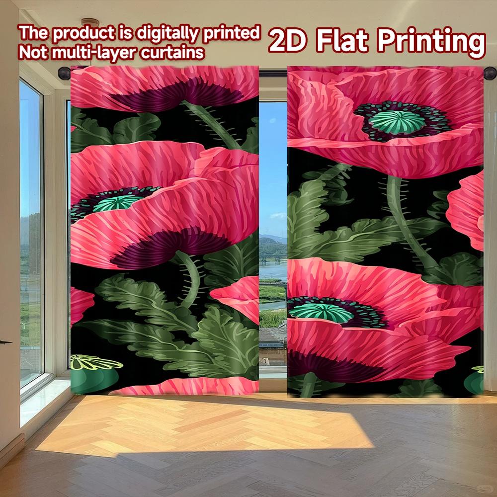 

2D FLAT PRINTING 2pcs Curtains (Without Rod) Floral Pink Poppies Design Modern Fashionable Curtainments during the Women is Day 100*130 Rod Pocket 1pcs