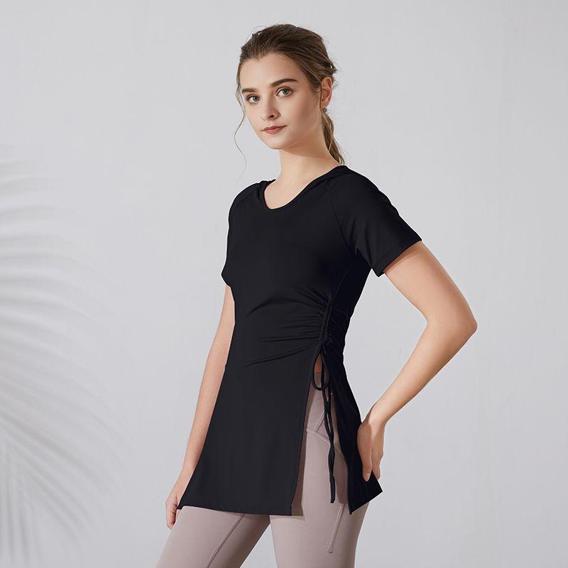 

Fashion Casual Training Split Spring and Summer Short sleeve Quick-Drying Top Long Plus size Hip Covering Yoga Clothes Women Yoga Top Black S (recommended weight 40.00 kg-47.50 kg