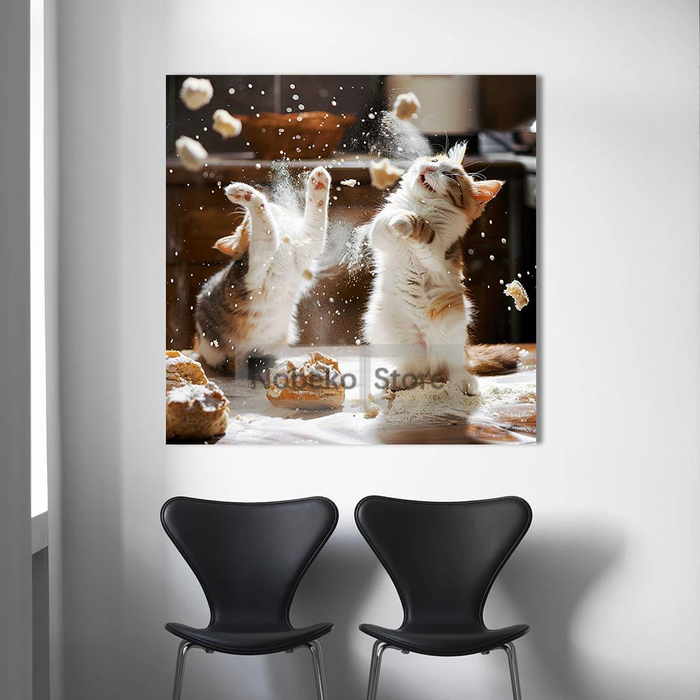 Lovely Cat Baker Making Dim Sum Poster Flour Cute Kitten Prints Canvas Wall Art Pictures Home Kitchen Room Modern Pet Decor