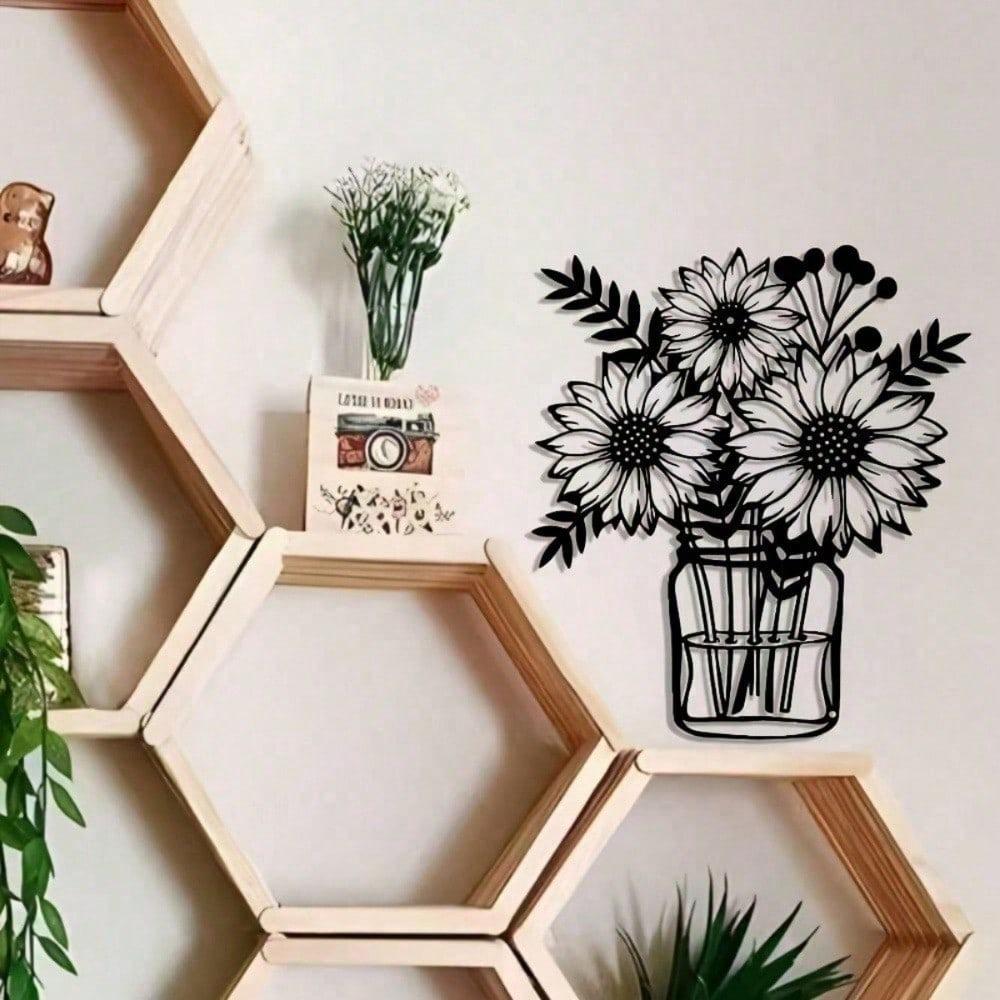 Meticulously 3 Chrysanthemums In Vase Minimalist Metal Wall Art - Modern Home Decor For Bedroom, Living Room, Or Bathroom.