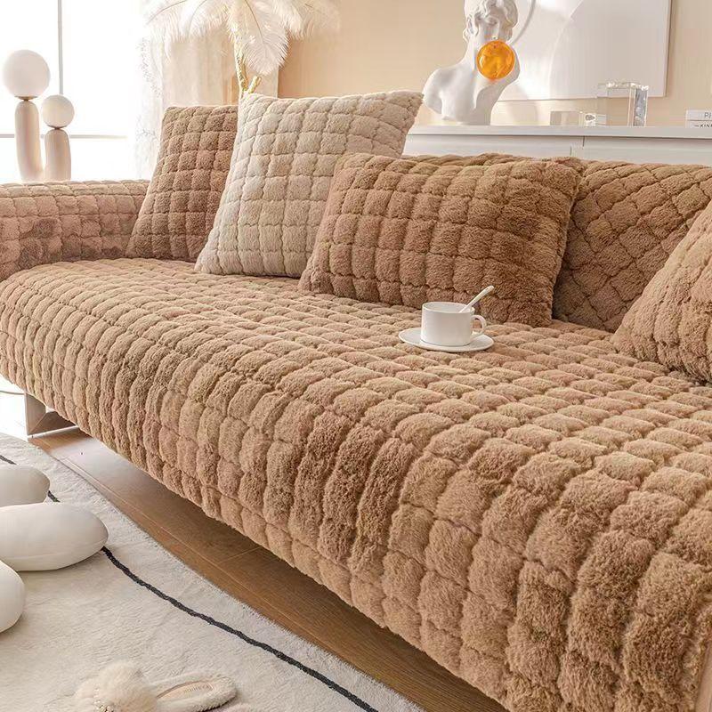 

Однотонный супер мягкий кролик плюшевый диван полотенце 1/2/3/4 сиденья L-образный секционный диван чехол нескользящий диван чехол для гостиной 70x70cm 1pc кофейный