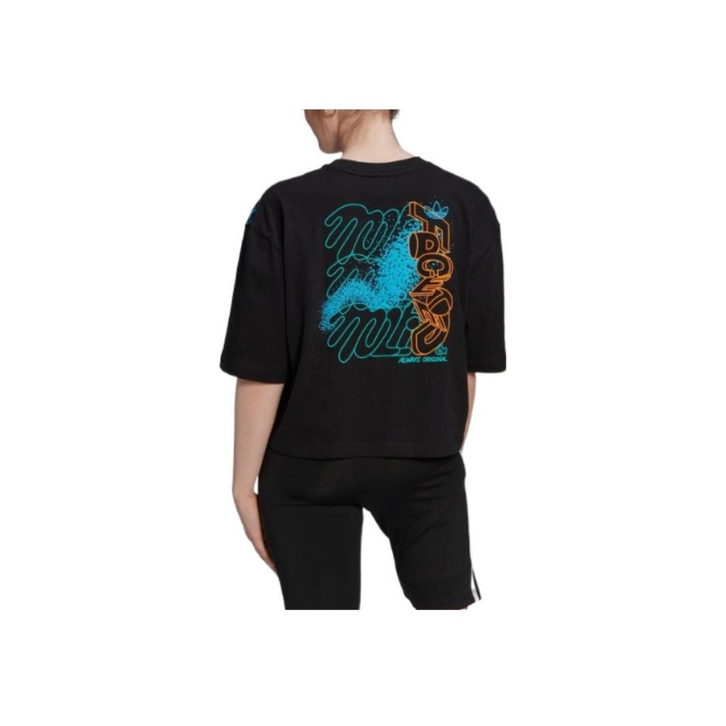 Adidas Back Print Letter Round Neck Short Sleeve T-Shirt Women Tops Black HT4943