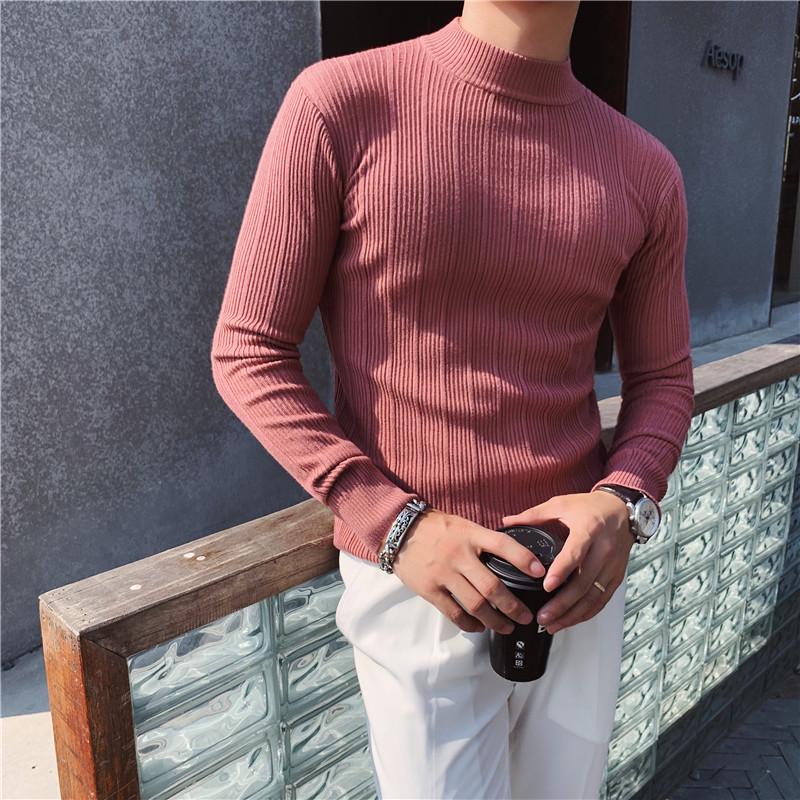 Men's High-Elasticity Ice Silk Ribbed Long Sleeve Striped T-Shirt