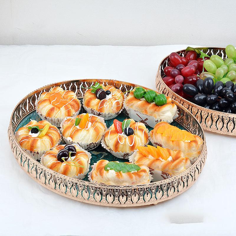 Luxury Round Decorative Trays Teal Marble Glass with Rose Gold Ornate Frame for Vanity & Coffee Table Storage Trays Home