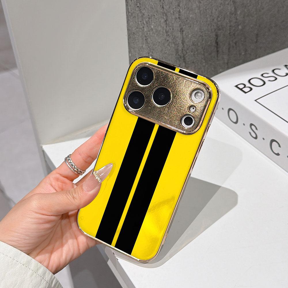 

Lucky Start Phone Case For iPhone 17 16 15 14 13 12 Pro Max 16E Gold Electroplated glass shell Yellow Black Vertical Stripes Cover IPHONE11PRO