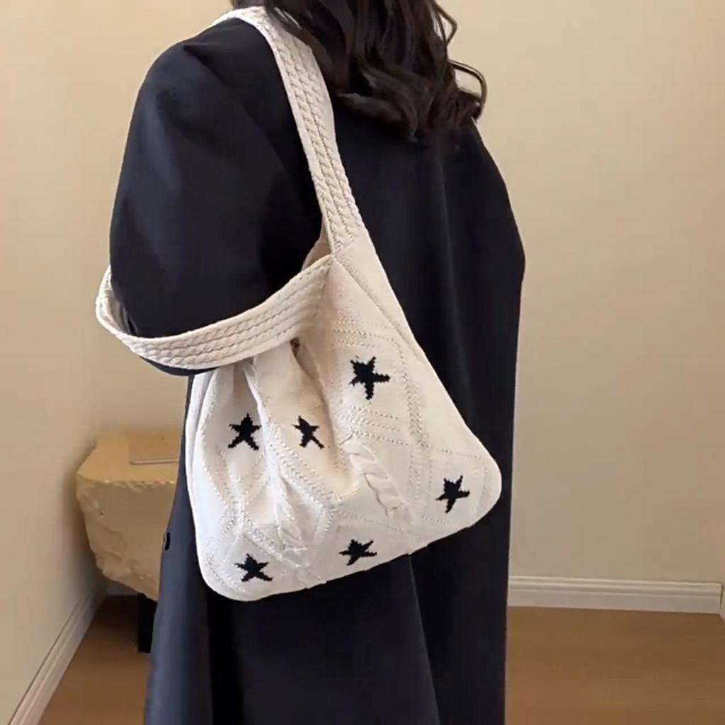 Star Knit Women's Bag New Knitted Eco Shopper Bag Crochet Rope Shoulder Bag Female Knitting Handbag Vintage Tote Bag AVE