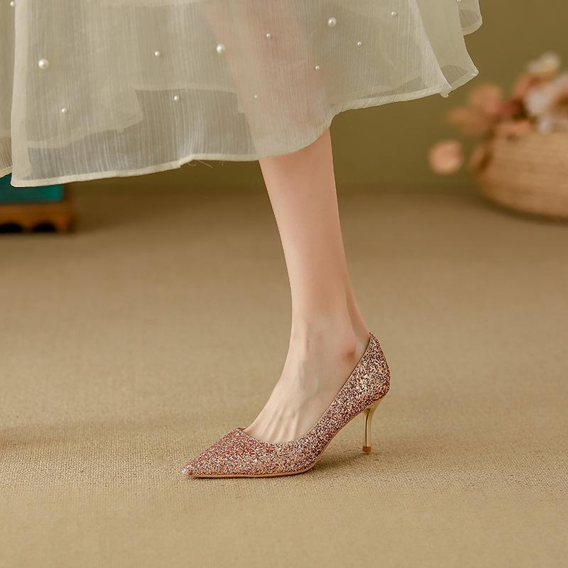 Rose wedding shoes women's new high-end Chinese bride Xiuhe high heels are not tired of toasting crystal single shoes