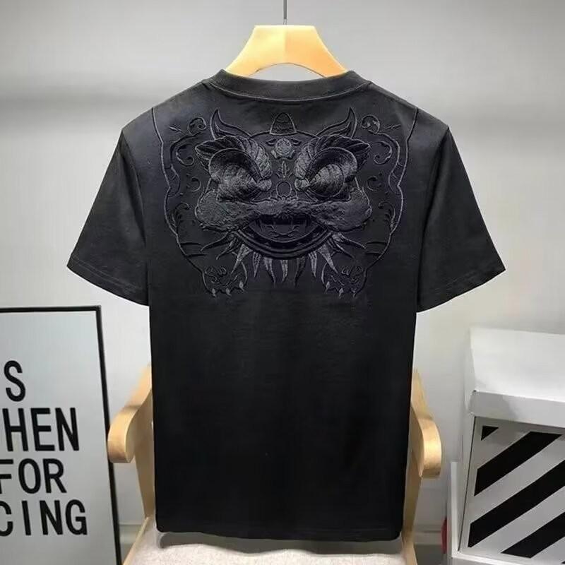 2024 Chinese Style Men's Lion Head Embroidery Loose Short Sleeve T-Shirt
