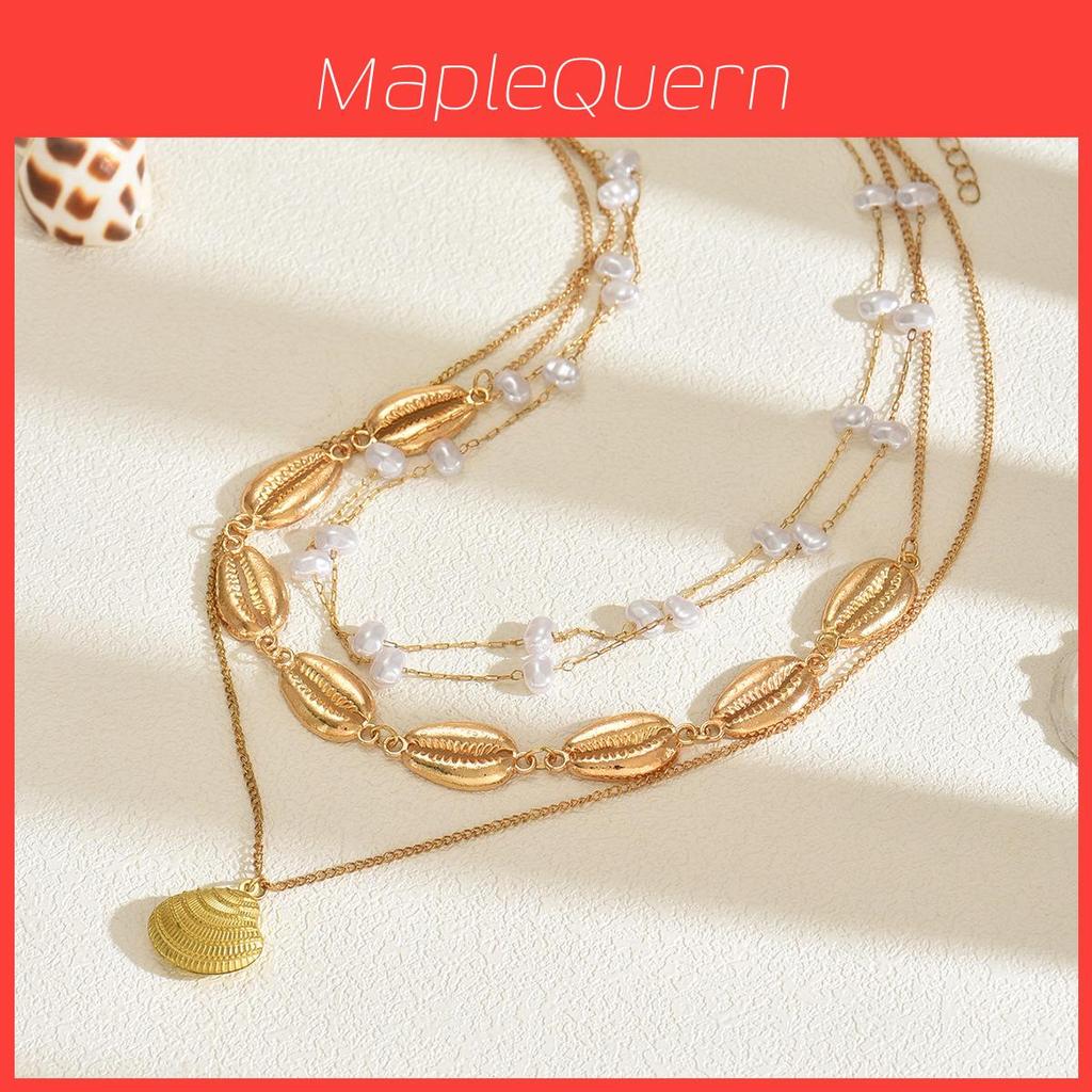 Summer Shell Necklace For Women With Multilayer Geometric Pendant And Pearl Accents