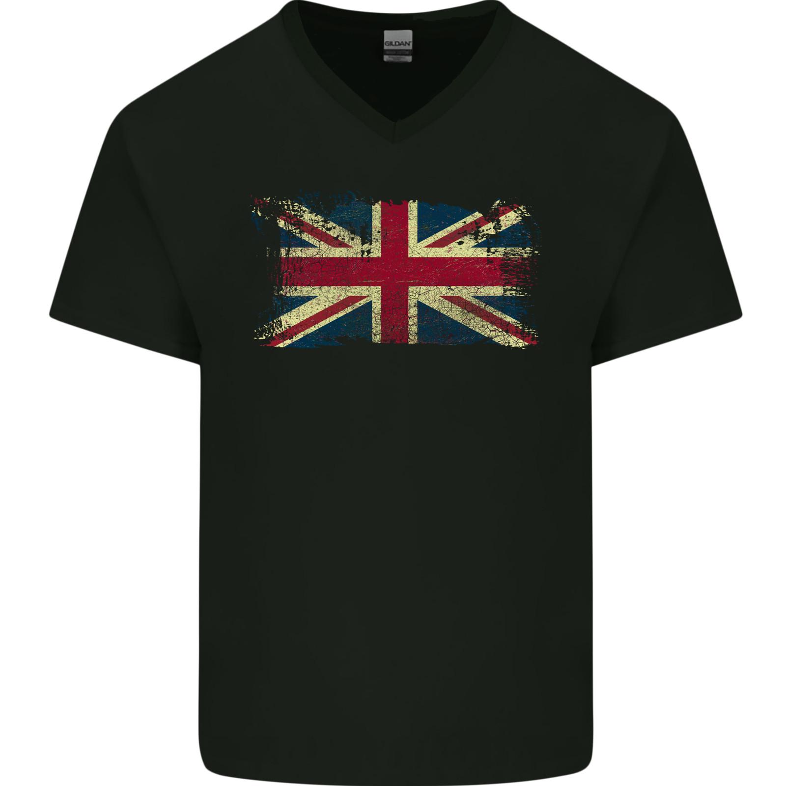 Distressed Great Britain Flag Union Jack UK Mens V-Neck Cotton T-Shirt XL