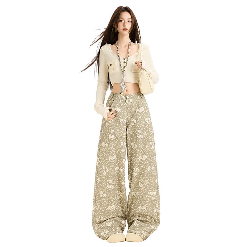 Women's 2025 Autumn Floral Wide-Leg Jeans - Loose, Draped, Lazy Style, Straight Leg