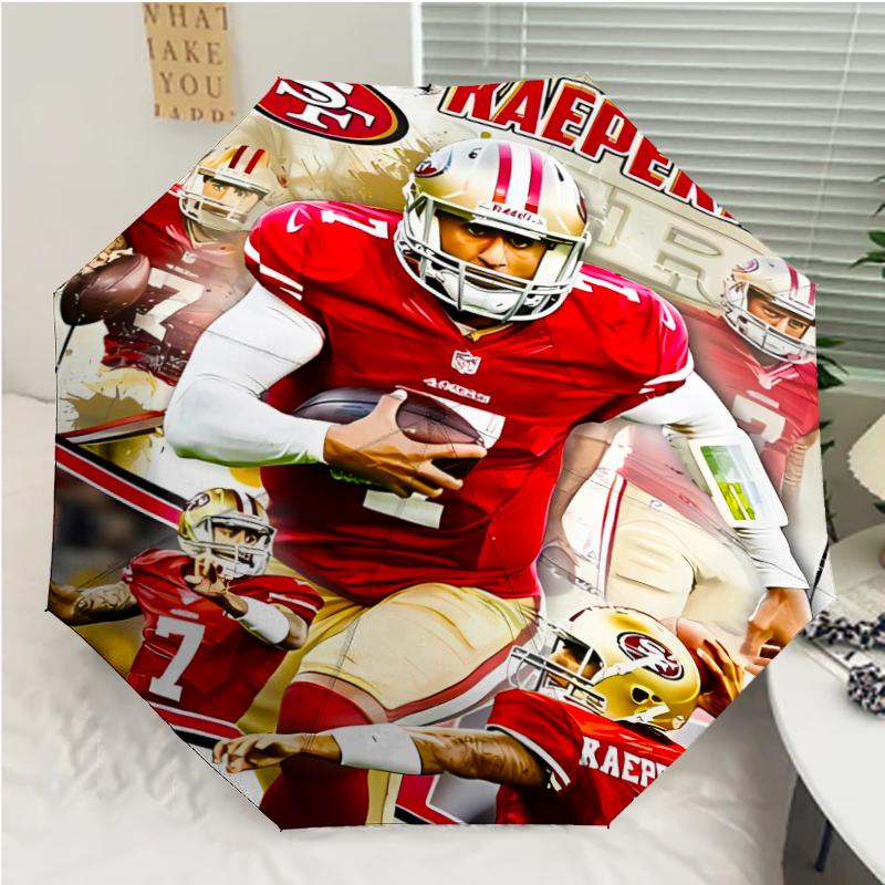 San Francisco 49ers LOGO Print Automatic Umbrella, 8 Rib Iron Frame, Plastic Handle, Suitable for Outdoor Travel &Daily , Ideal Gift