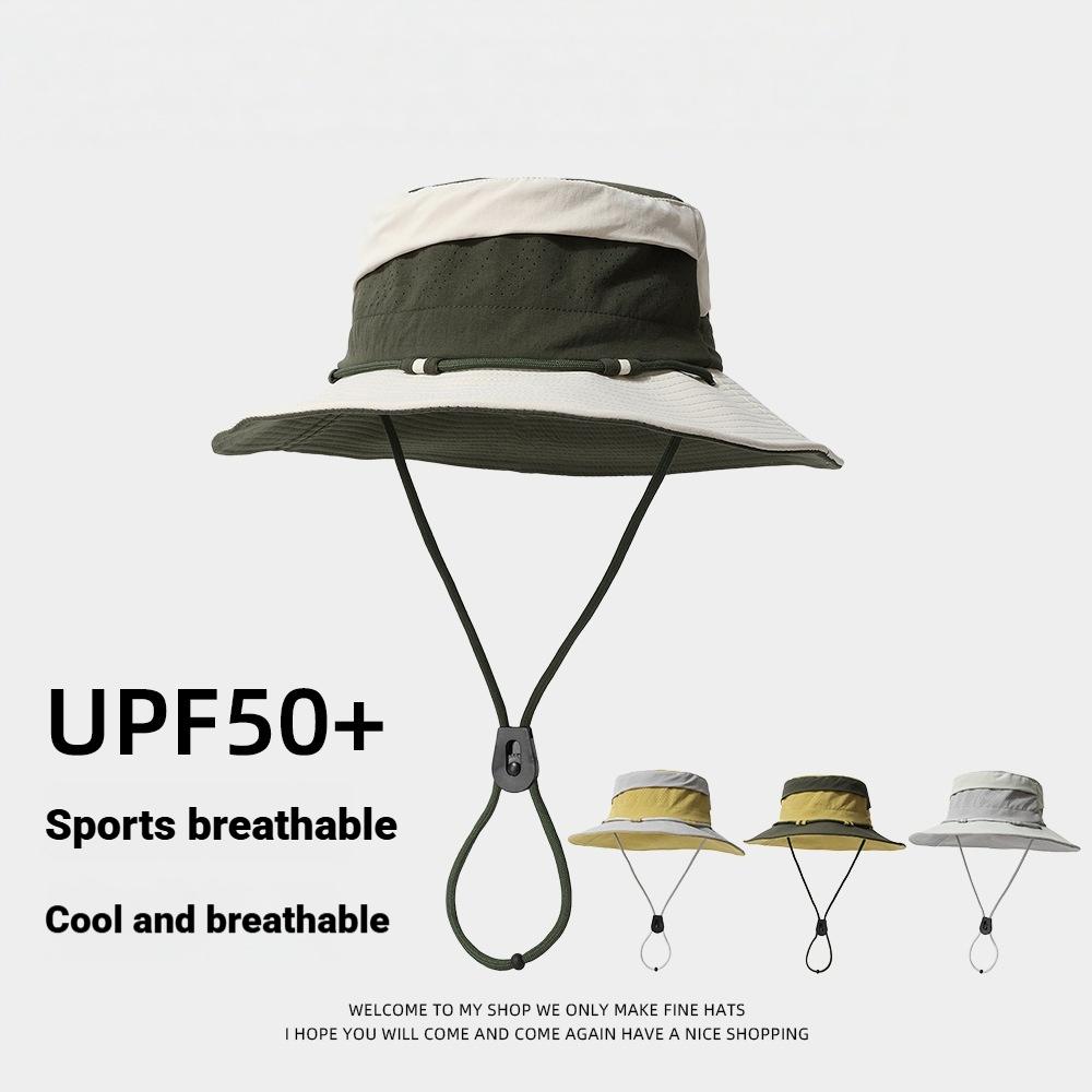 UV Protection Safari Hat Wide Brim Colorblock Sun Cap with Breathable Mesh Adjustable Windproof Hiking Bucket Hat Unisex