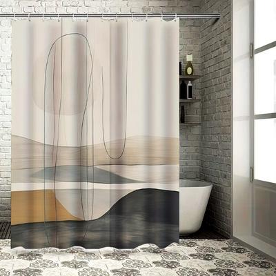 Minimalist Modern Bathroom Shower Curtain Set with Geometric Print Decorative Hanging Rod Included (Black Beige)