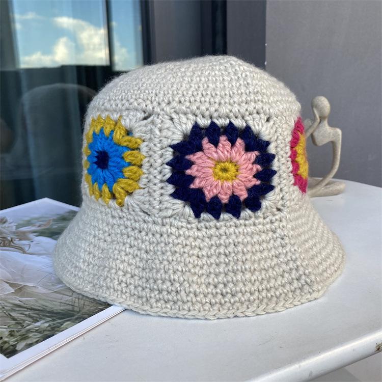 Handmade Knitted Flower Wool Hat Women's Autumn and Winter Bucket Hat Versatile Ethnic Style Warm Basin Hat Lady Foreign Style