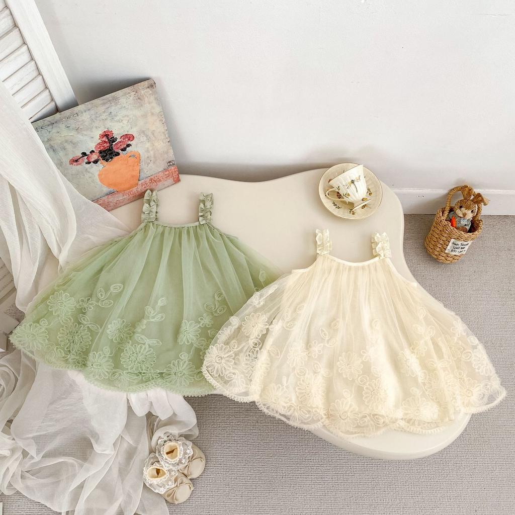 Girls Summer Floral Tulle Spaghetti Strap Princess Dress for Outings