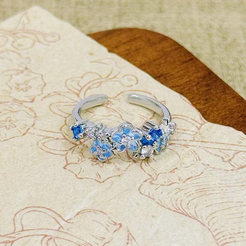 Star Flower Ring~ Blue Enamel Zircon Small Flower Adjustable Opening Ring Female Sweet Niche Index Finger Ring