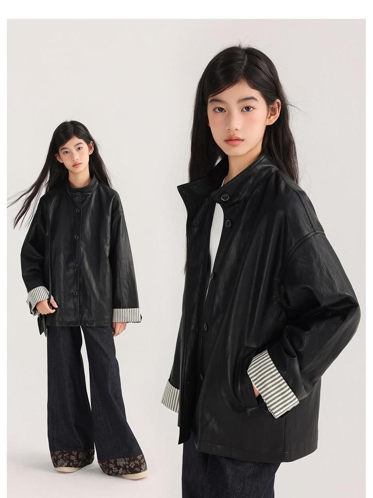 Tao Town Girls' Leather Lapel Jacket - Spring/Autumn Fashion for Big Kids