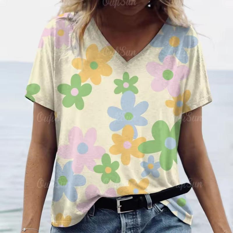 New Floral Print T-shirt for Women Summer V-Neck Casual Short Sleeve Tees Female Loose Streetwear Fashion Daily Clothing Tops Oversized Ladies Tops