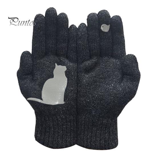 

1 пара зимних вязаных перчаток, толстые плюшевые однотонные с принтом кошек и птиц, высокоэластичные, ветрозащитные, сохраняющие тепло, перчатки для велоспорта чёрный