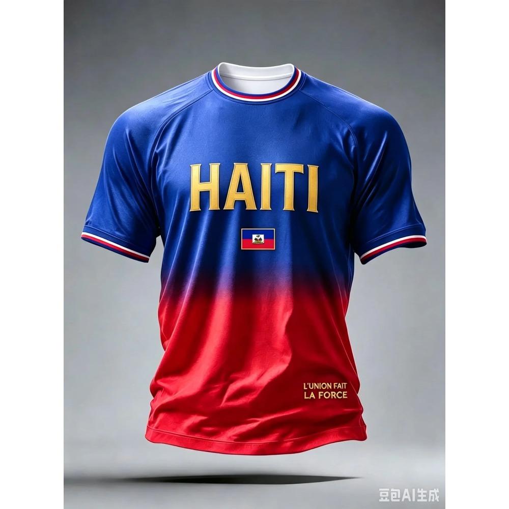 Haiti Gradient Soccer Jersey with Flag Print, Breathable Quick-Dry Football Shirt for Fans Training Summer T Shirt M