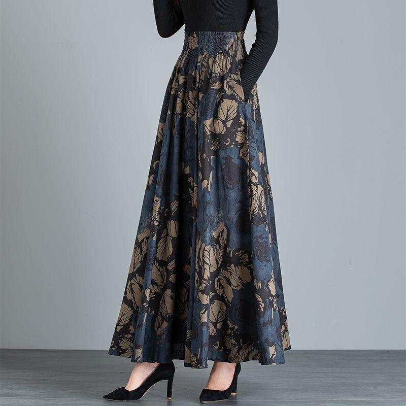 Women Autumn Clothing Pocket Skirt High Waist Vintage Floral Printing Elastic Waist Elegant Midi Skirts