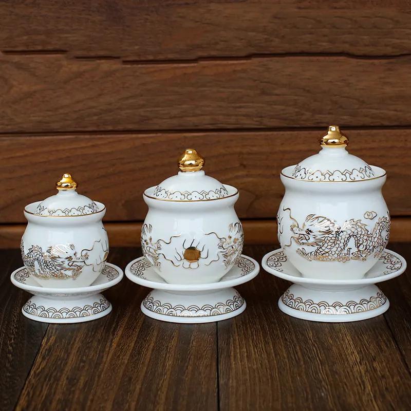 Keramika Vzor Dvojitý Drak Kelímek na Vodu Ozdoby Domácí Feng Shui Uctívací Dekorace Tradiční Buddhistické Nástroje Potřeby