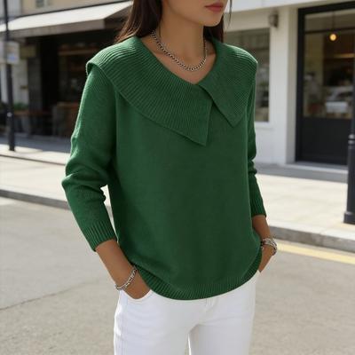 Women Knitting Tops Large Lapel Long Sleeve Solid Color Sweater Soft Stretchy Casual Knitwear Work Party Date Wear
