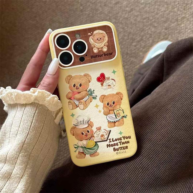 

Милый кожаный чехол с рисунком медведя для iPhone 16 15 14 13 Pro Max с большим окном, противоударный чехол iPhone 16 Pro Max жёлтый