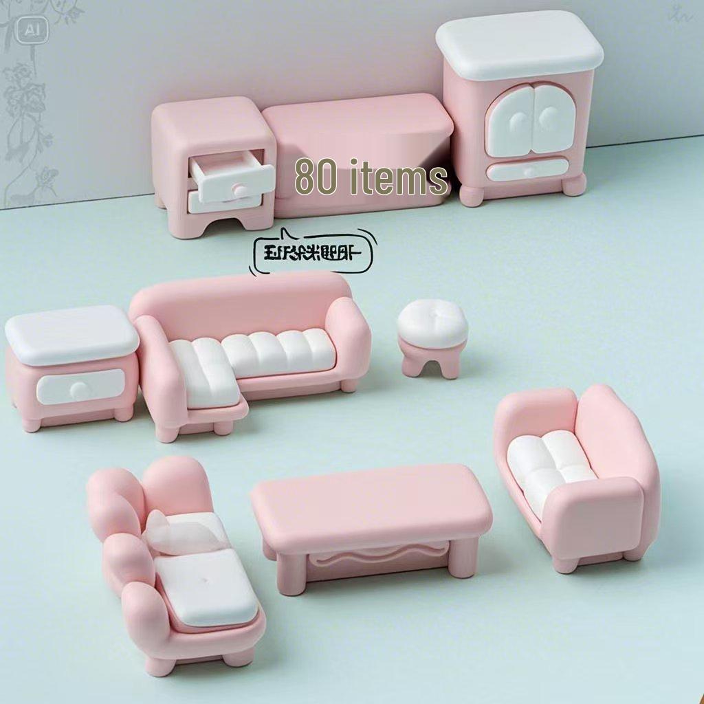 Ręcznie robiony różowy mini zestaw do salonu: Sofa, Łóżko, Stół, Szafa i Wystrój Domku dla Lalek