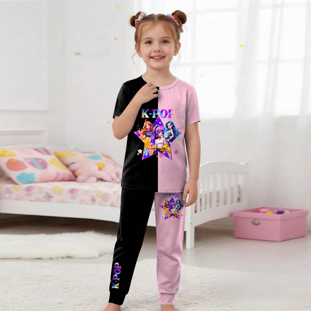 Kids Fashion Outfit Set Round Neck Short Sleeve Top and Pants Printed Design Comfortable Fit Suitable for Daily Wear and Playtime