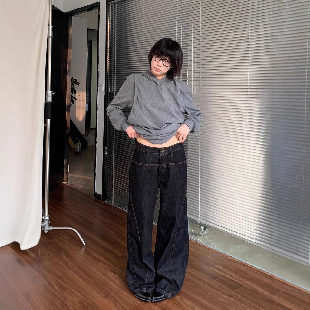 Large size American high street vibe straight jeans women's autumn new design sense loose and thin high-waisted floor pants