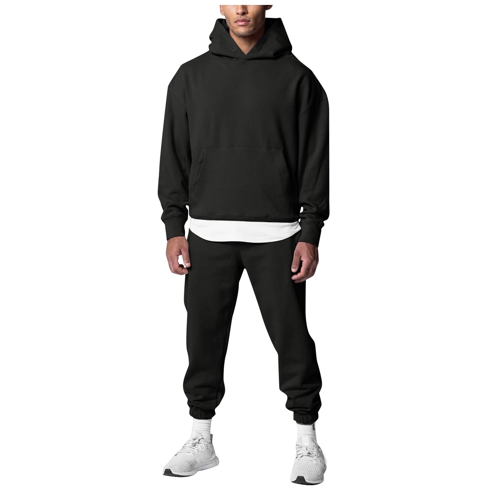 

Свободный спортивный и фитнес-костюм для мужчин, модная повседневная толстовка с капюшоном и брюки, комплект из двух частей из хлопка XXL чёрный