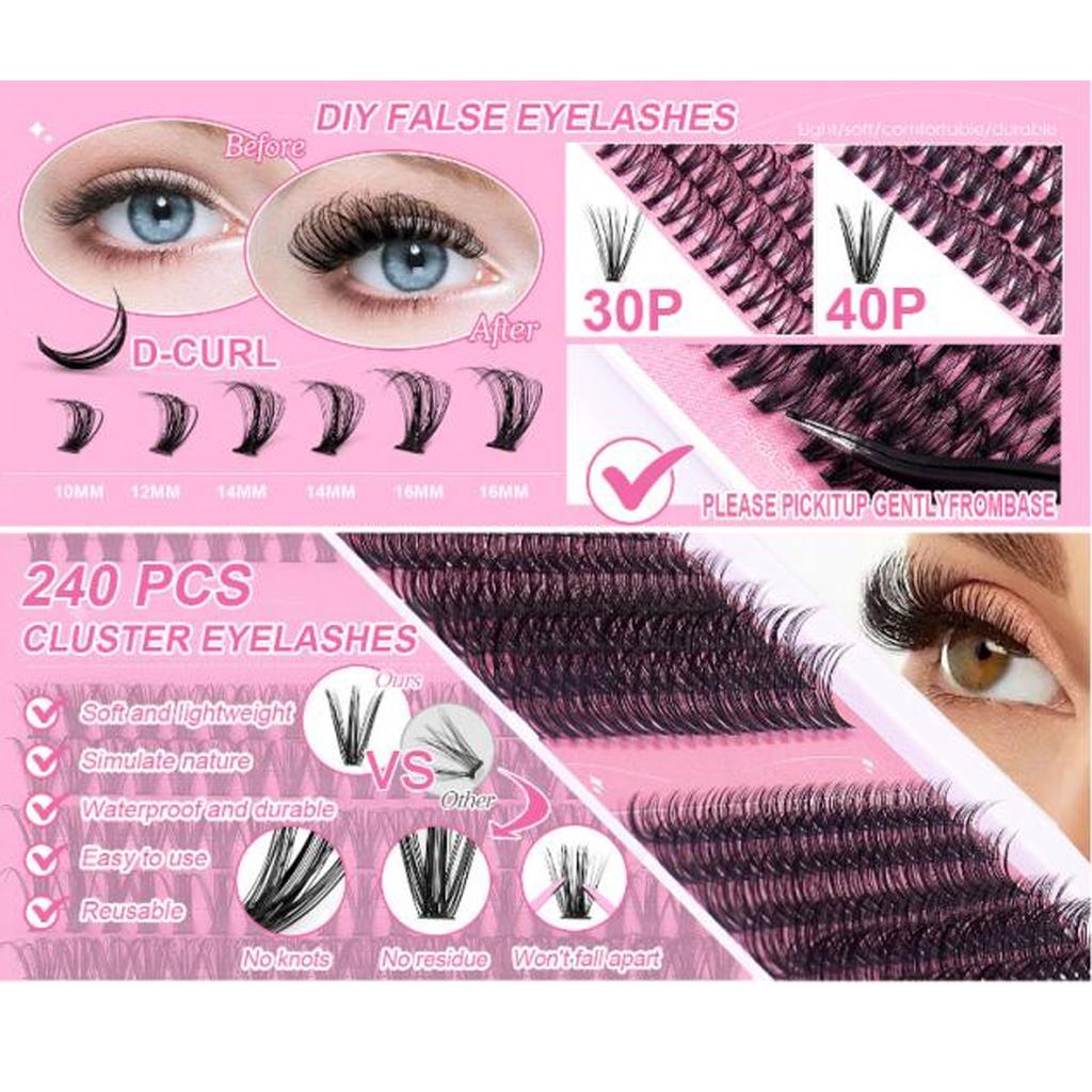 240pcs False Eyelash Clusters D Curl Lifelike Individual Fake Lashes Set for DIY Lash Extension 10mm to 16mm DIY‑SET‑030