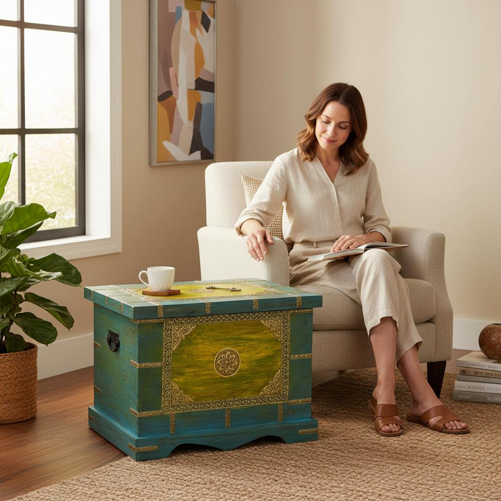 Wooden Painted Brass Trunk Storage Box-Wooden Storage Chest with Brass Accents Unique Bohemian Trunk Box-Drum Chest Home Decor Furniture