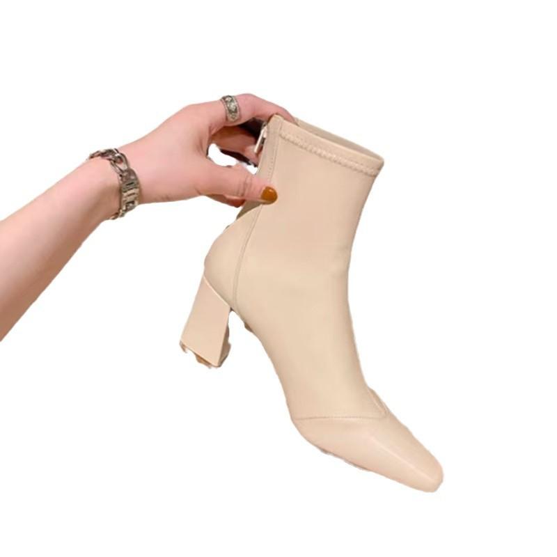 Spring and Autumn New Women's Boots Pointed Short Boots Women's High Heel Thick Heel Soft Leather Rear Zipper Fleece Thin Boots