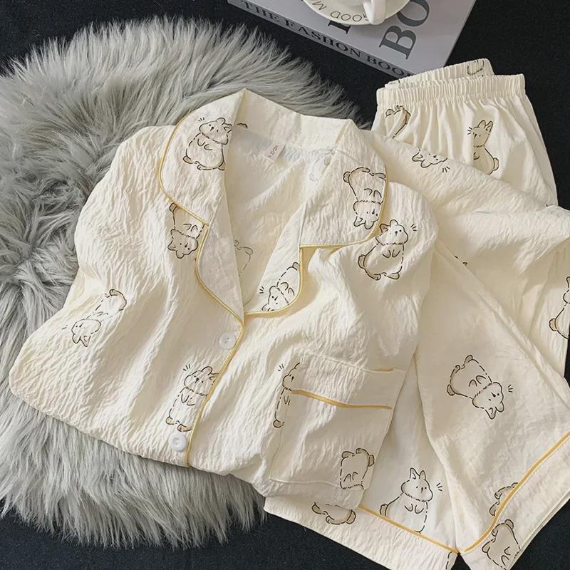 "Dámské bavlněné pyžamo s třešňovým medvídkem - Jaro/Podzim, Dlouhý rukáv, Roztomilý kreslený svršek"